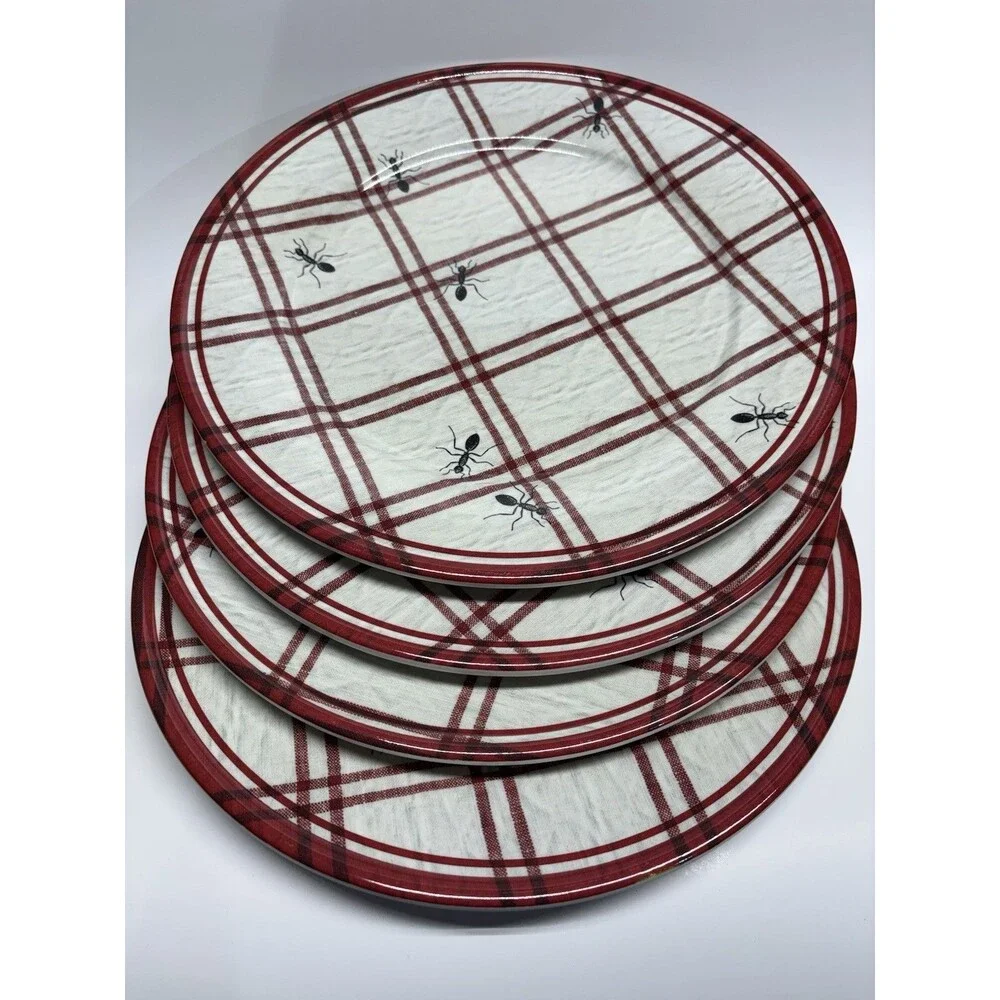 Williams Sonoma Ant Plaid Melamine Dinner Plates Set of 4 Red Black Picnic BBQ